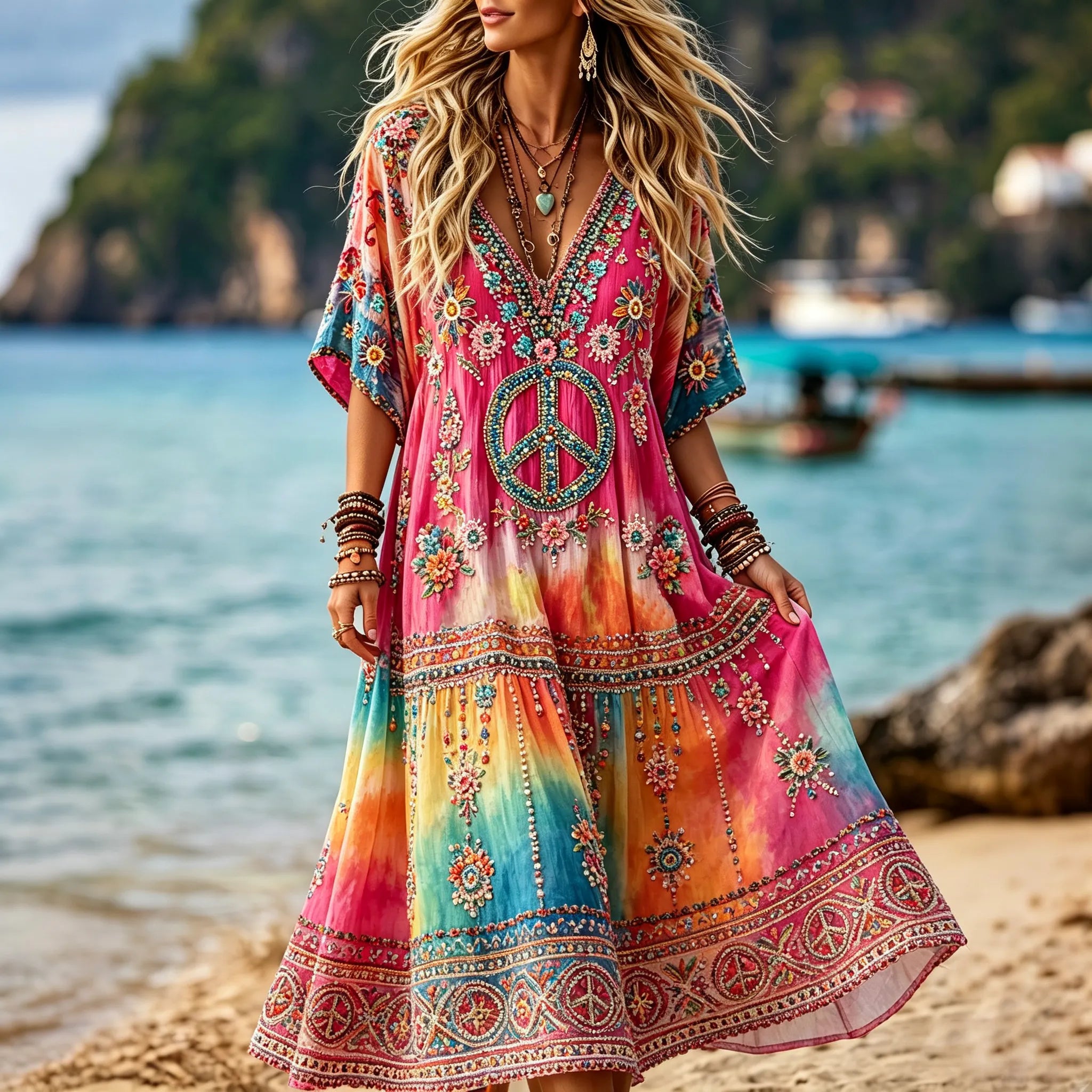 Women's Retro Hippie Floral Gradient Casual Short Sleeve Linen Maxi Dress