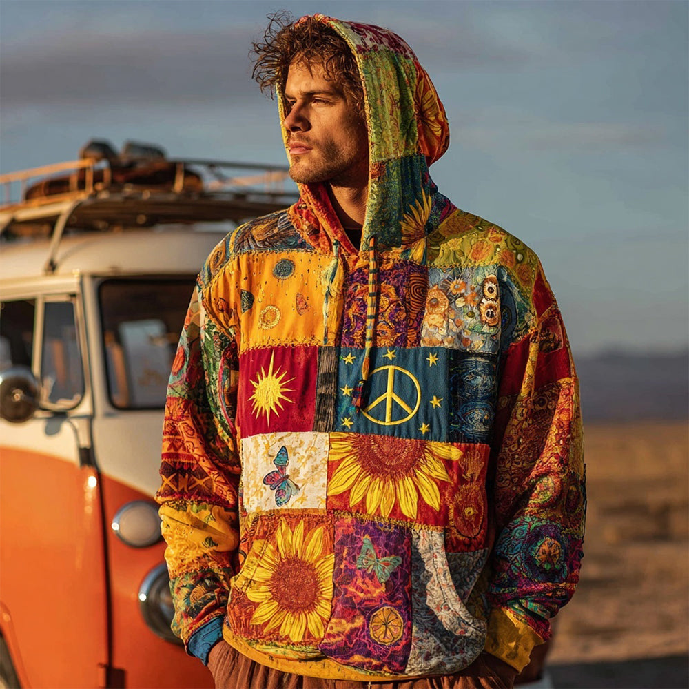 Men's Retro Hippie Peace Sign Patchwork Cozy Hoodie