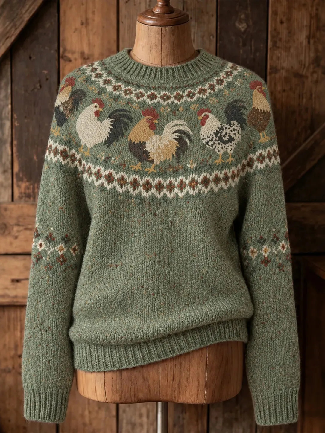 Women's Retro Rooster Ethnic Patterns Cozy Fair Isle Style Knit Sweater