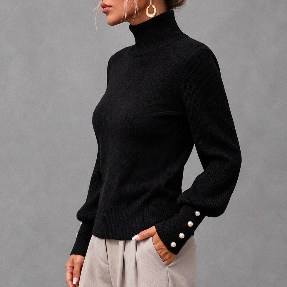 Elegant Solid Color Turtleneck Beaded Sweater