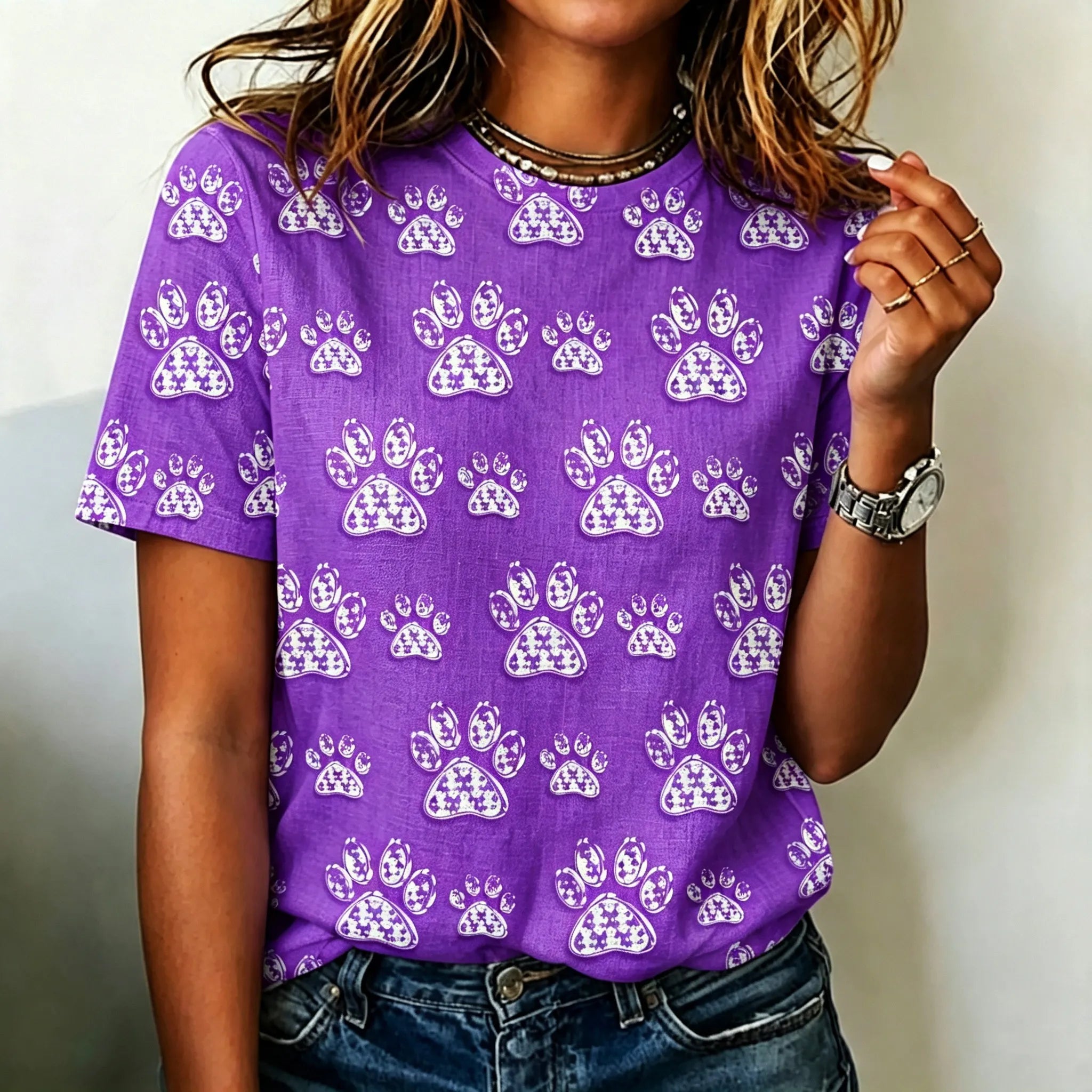 Cute Cat And Dog Paw Print T-shirt For Women.
