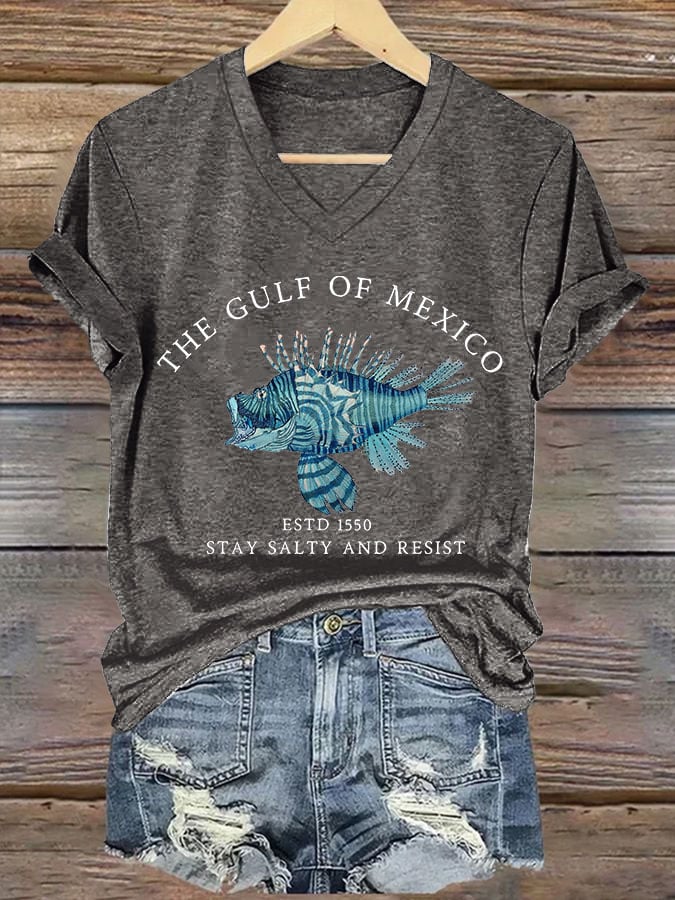 Women's Gulf Of Mexico Printed V Neck T-shirt
