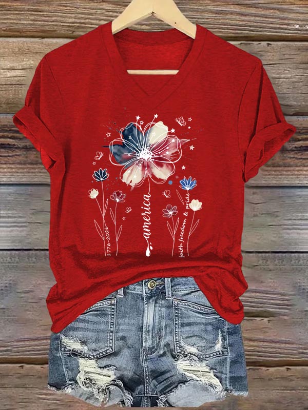 America1776-2026 Faith Freedom Pride Pattern Print V Neck Casual T-Shirt