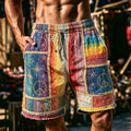 Men Rainbow Patchwork Peace Symbol Star Moon Hippie Shorts