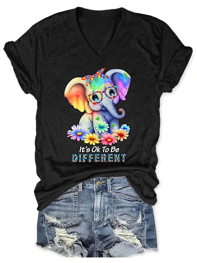 V-neck Autism Awareness Elephant  It's Ok To Be Different Print T-Shirt