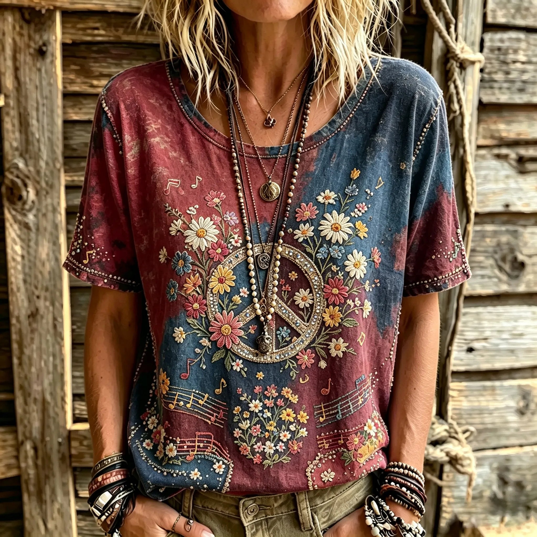 Women's Retro Tie-dye Hippie Peace Logo Floral Art Embroidery Casual Cotton Linen T-shirt
