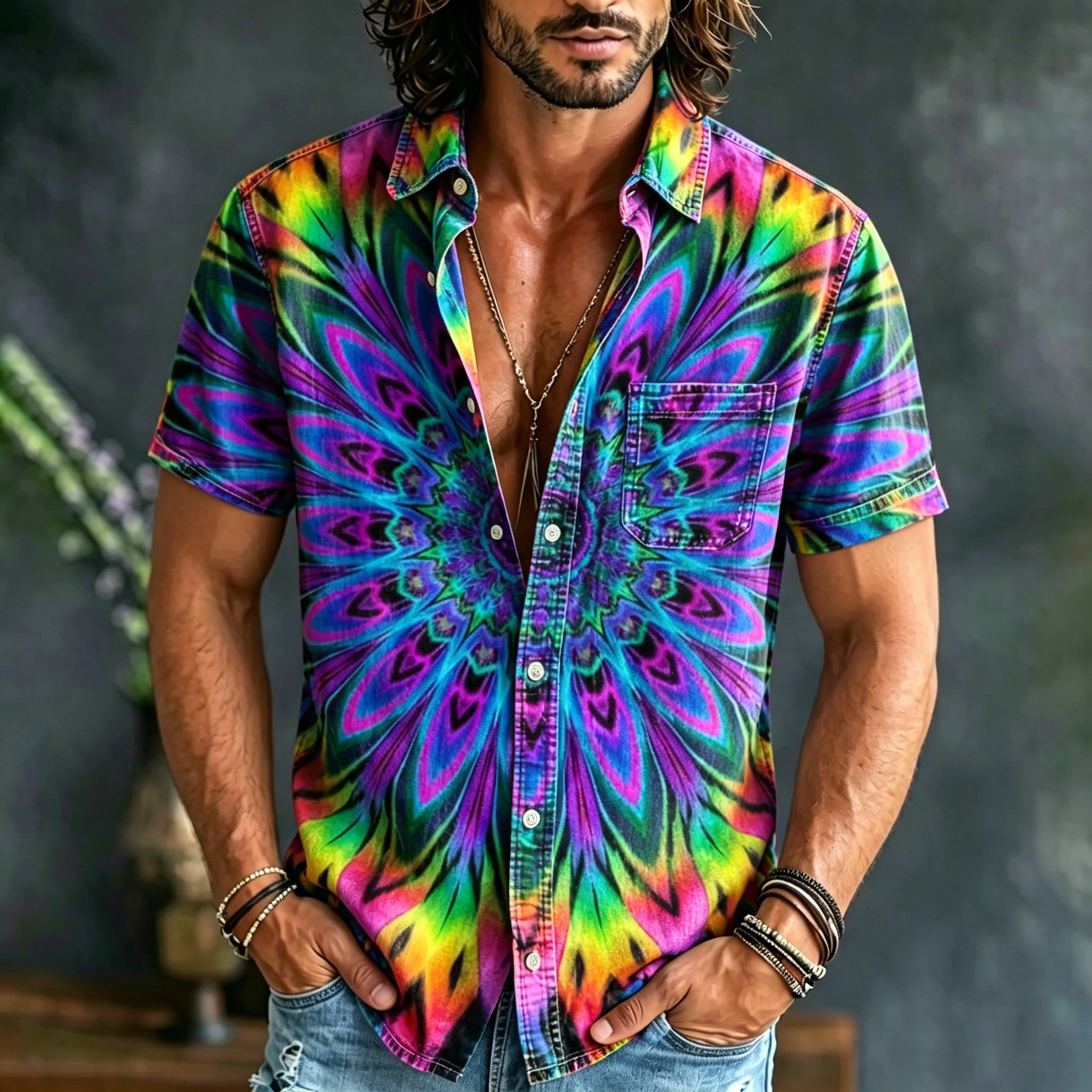 Men's Hippie Abstract Oil Painting Art Print Collared Henley Shirt