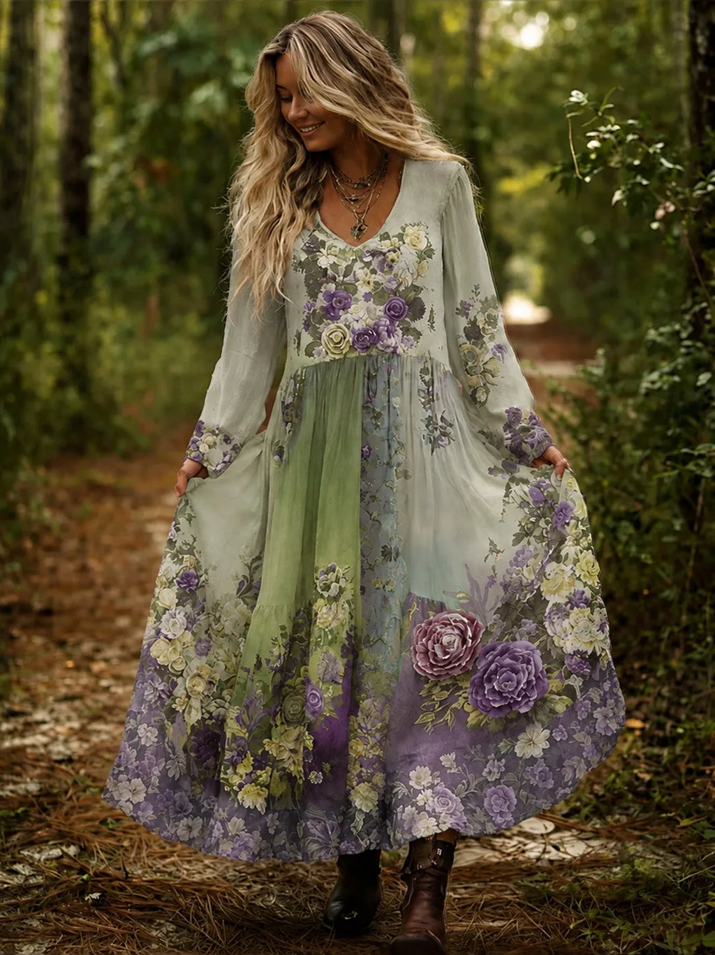 Vintage Classy Gradient Purple Lavender And Floral Embroidered Maxi Dress