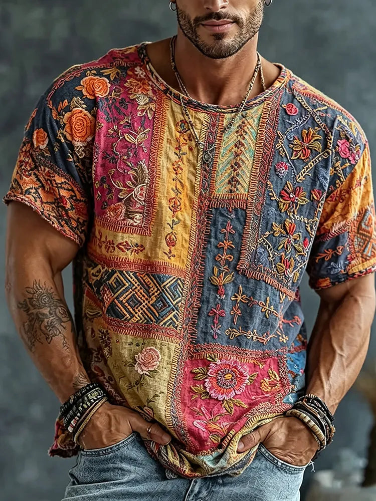Men's Vintage Floral  Patchwork Embroidered Art Print Flowy Linen Blend Casual Tshirt