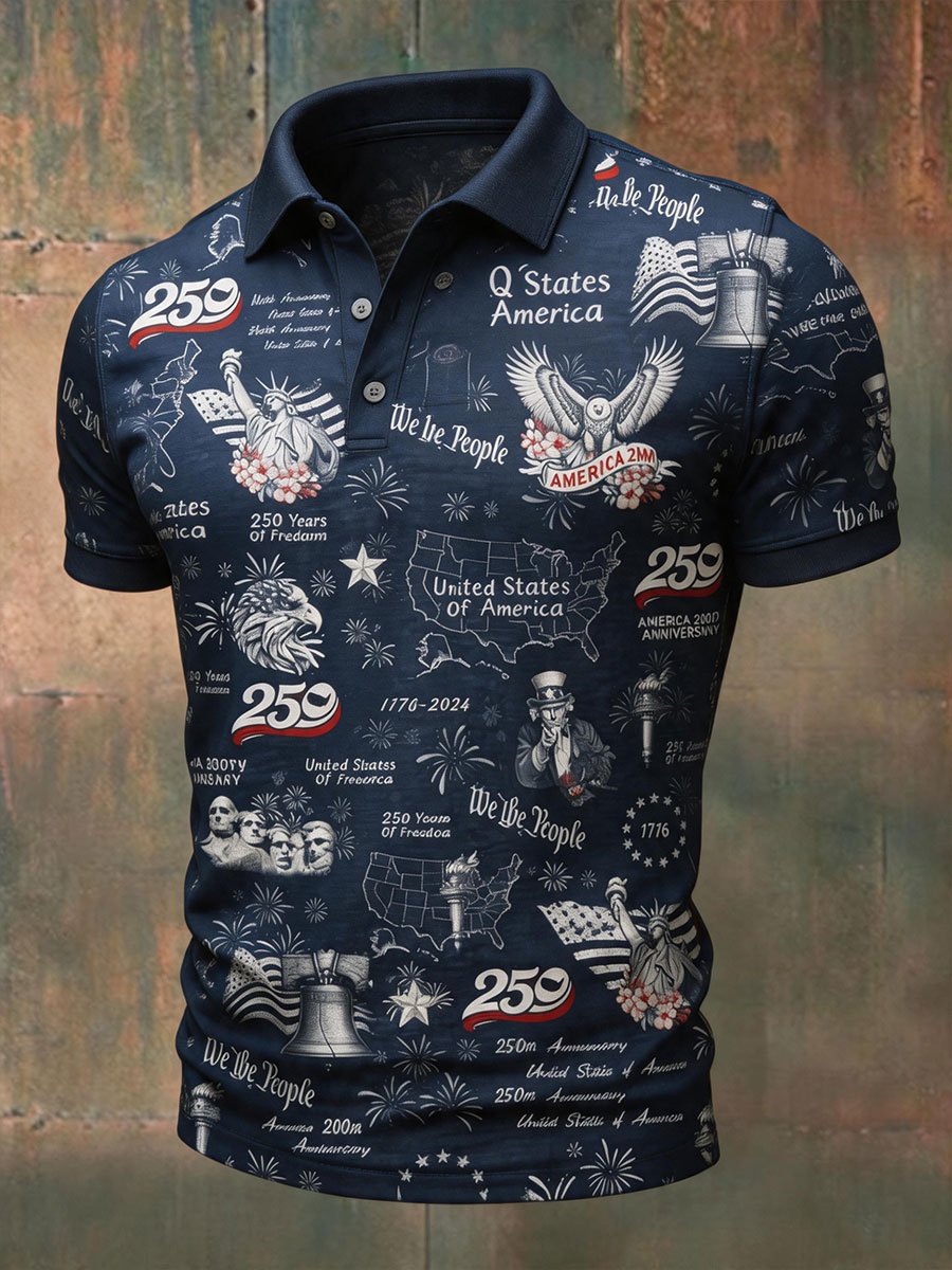 Men's Retro Patriotic Print Casual Short-Sleeve Polo Shirt