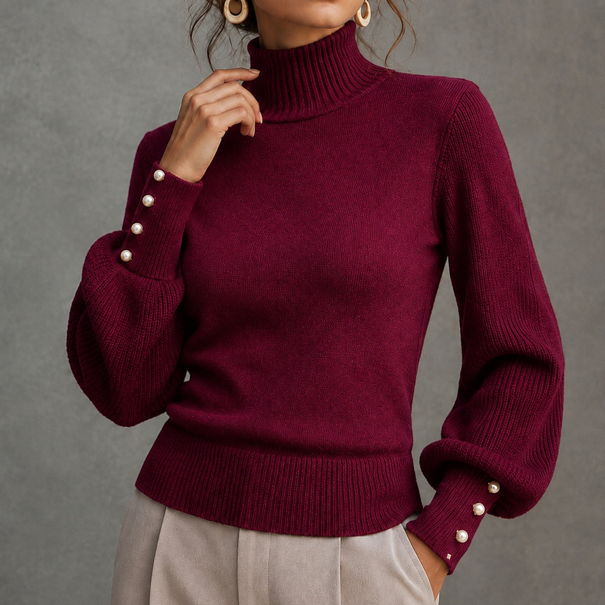 Elegant Solid Color Turtleneck Beaded Sweater