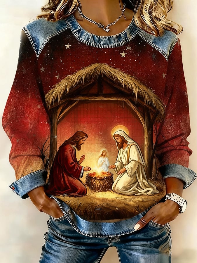 Women's Faith Print Patchwork Casual Sweatshirt