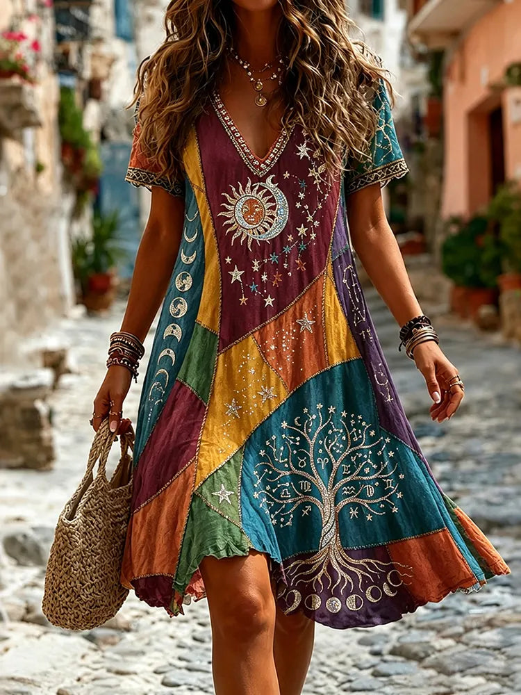 Women's Retro Hippie Sun And Moon With Life Of Tree Patchwork Pattern Art Mini Dress