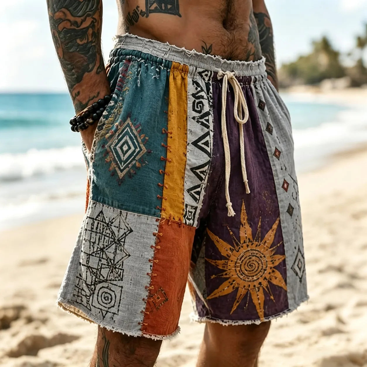 Men's Hippie Sun With Geometry Patchwork Print Casual Shorts