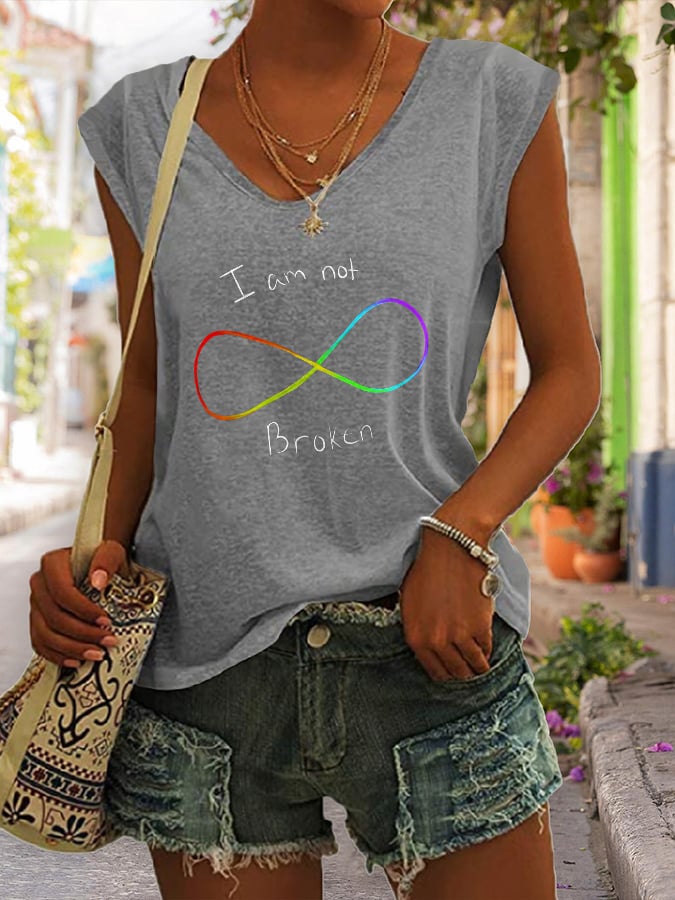 V Neck Autism Awareness I Am Not Broken Print Tank Tops