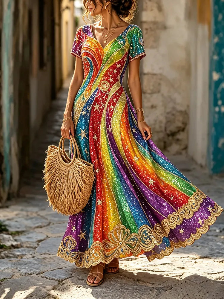 Women's Hippie Retro Rainbow Star Vacation V-neck Short-sleeved Dress