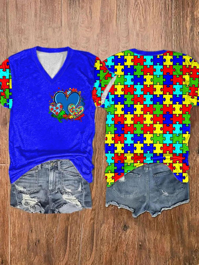 Women'S Autism Printed V-Neck Short Sleeve T-Shirt