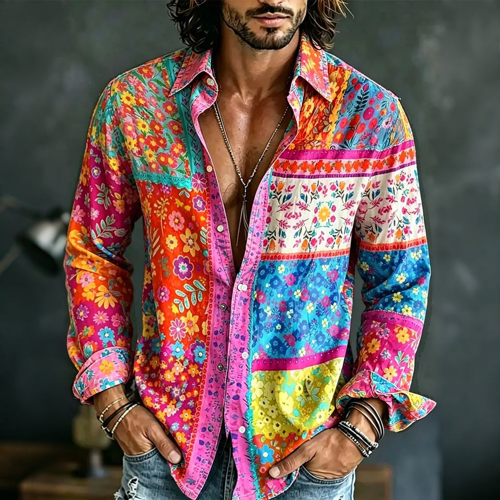Men's Retro Hippie Style Floral Art Print Long-sleeved Cotton Linen Shirt