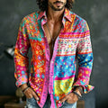 Men's Retro Hippie Style Floral Art Print Long-sleeved Cotton Linen Shirt