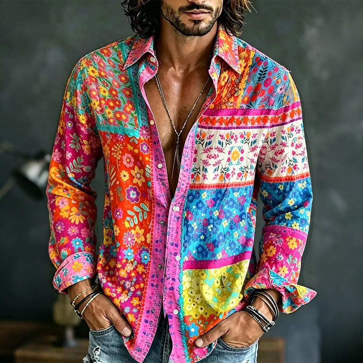 Men's Retro Hippie Style Floral Art Print Long-sleeved Cotton Linen Shirt