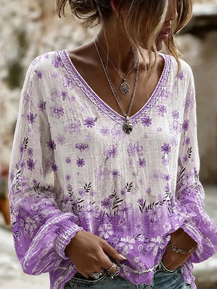 Women's Gradient Floral Print Loose Retro Round Neck Long Sleeve T-shirt