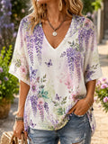 Women's V-neck Casual Blouse - Watercolor Purple Wisteria Flowers And Butterflies Print Loose Top