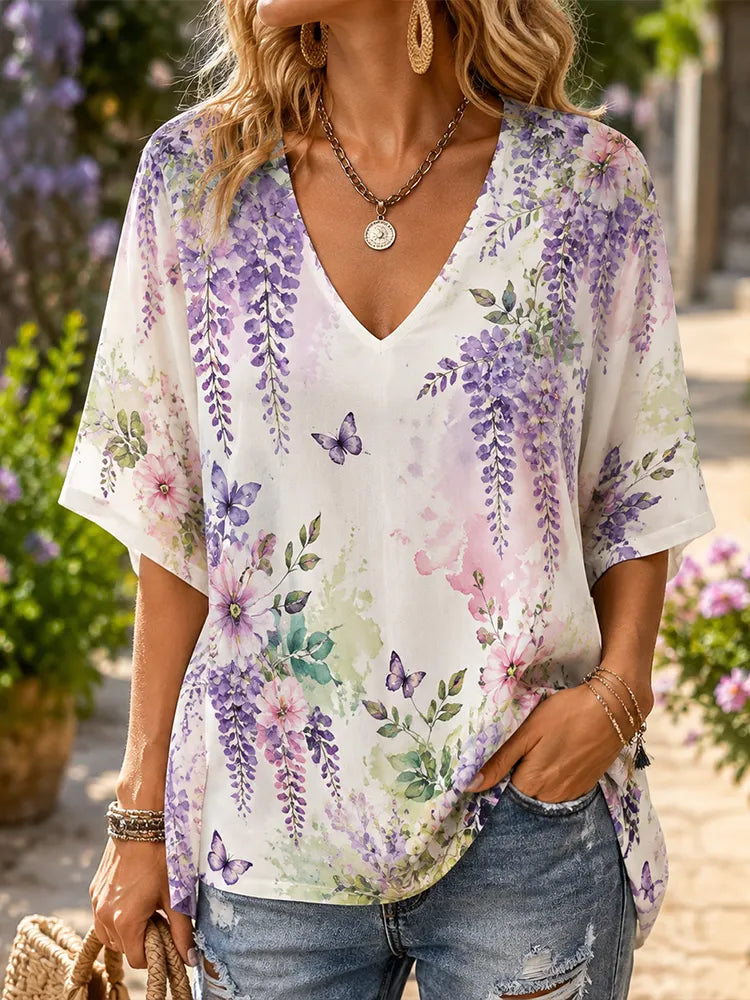 Women's V-neck Casual Blouse - Watercolor Purple Wisteria Flowers And Butterflies Print Loose Top