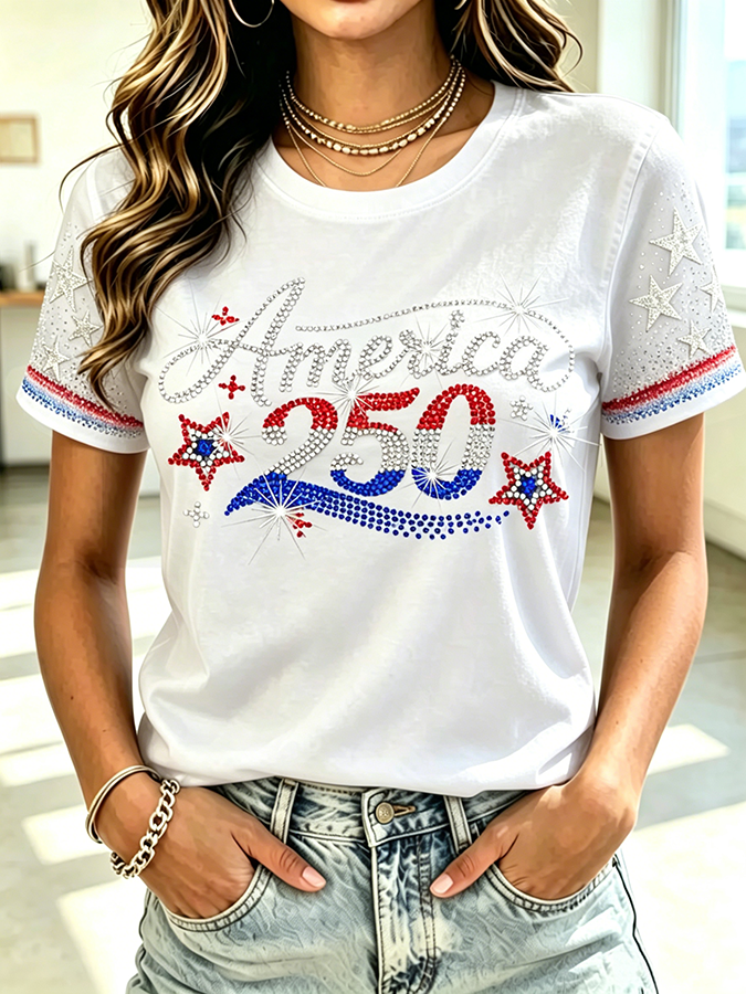 Ladies' Casual American 250Th Anniversary Glitter Commemorative Round Neck Short Sleeved T-Shirt