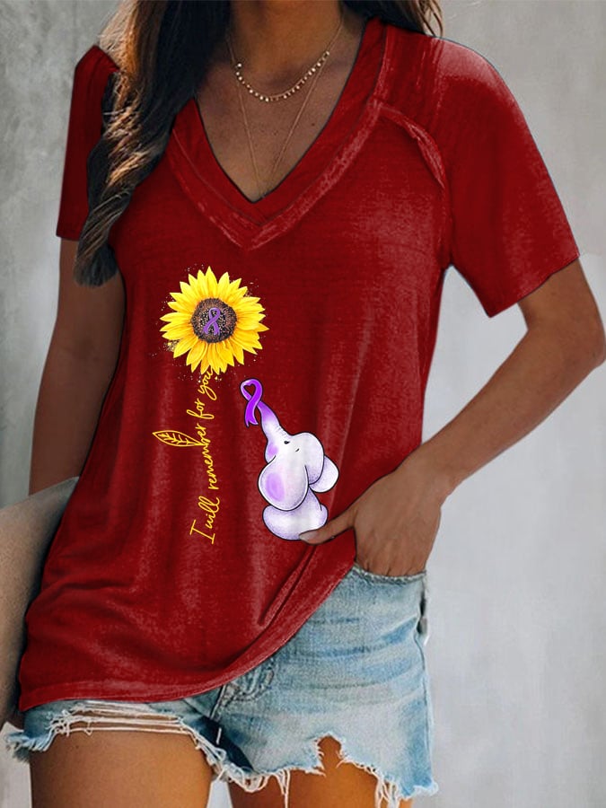 Women's Elephant I Will Remember For You Sunflower Alzheimer Print T-shirt