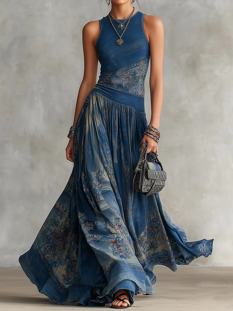 Elegant Retro Printed Sleeveless Tank Top Dress