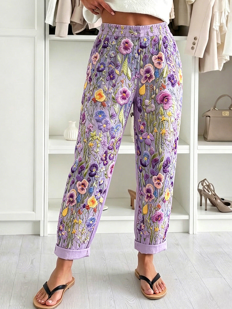 Elegant Violet Wildflower Art Pattern Cozy Linen Pants