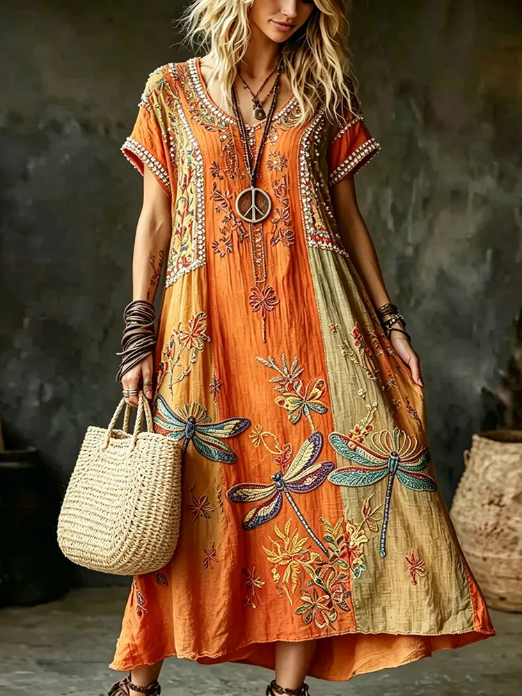 Women's Vintage Hippie Floral And Dragonfly In Patchwork Pattern Art Embroidered Linen Blend Maxi Dress