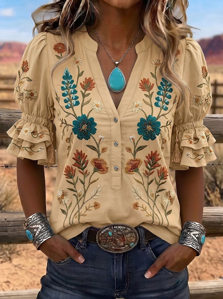 Women's Western Vintage Floral Embroidered Printed Top
