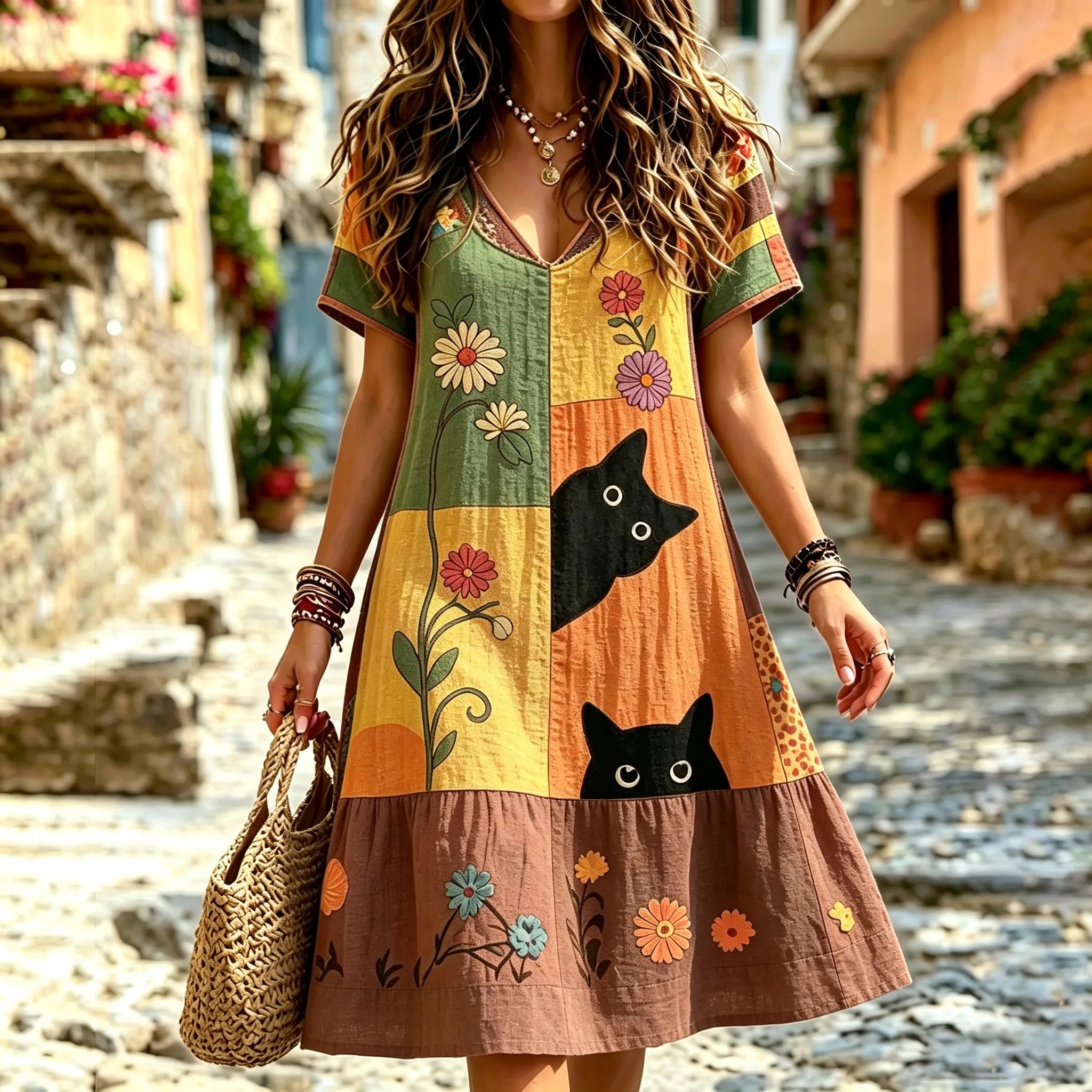 Women's Hippie Black Cat Art Embroidered Linen Blend V Neck Mini Dress