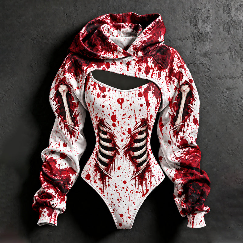 Women's Halloween Blood Stain And Skeleton Print Hoodie Two-piece Set