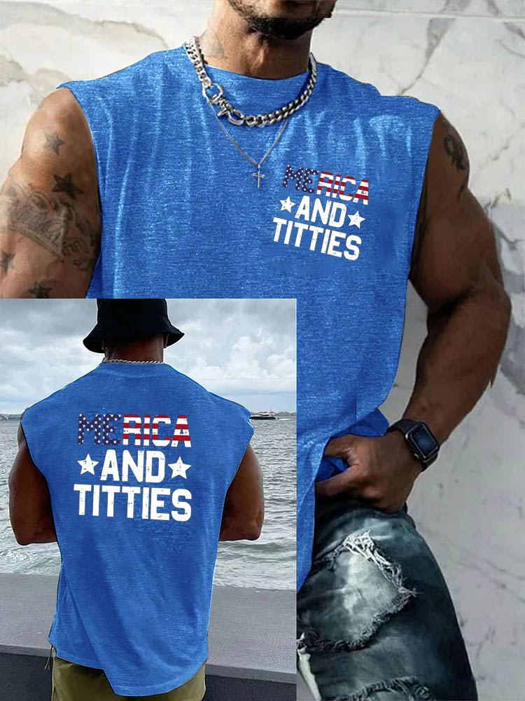 Merica And Titties Pattern Round Neck 100% Cotton Tank Top