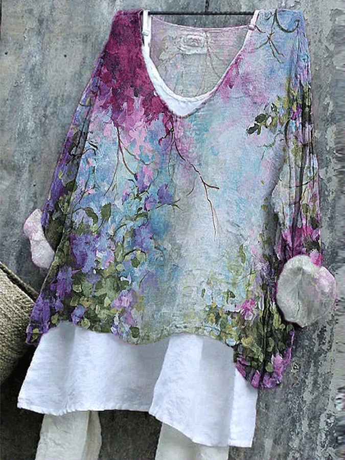 Women's Vintage Oil Painting Floral Pattern Comfortable Cotton And Linen Shirt (Excluding Lining)