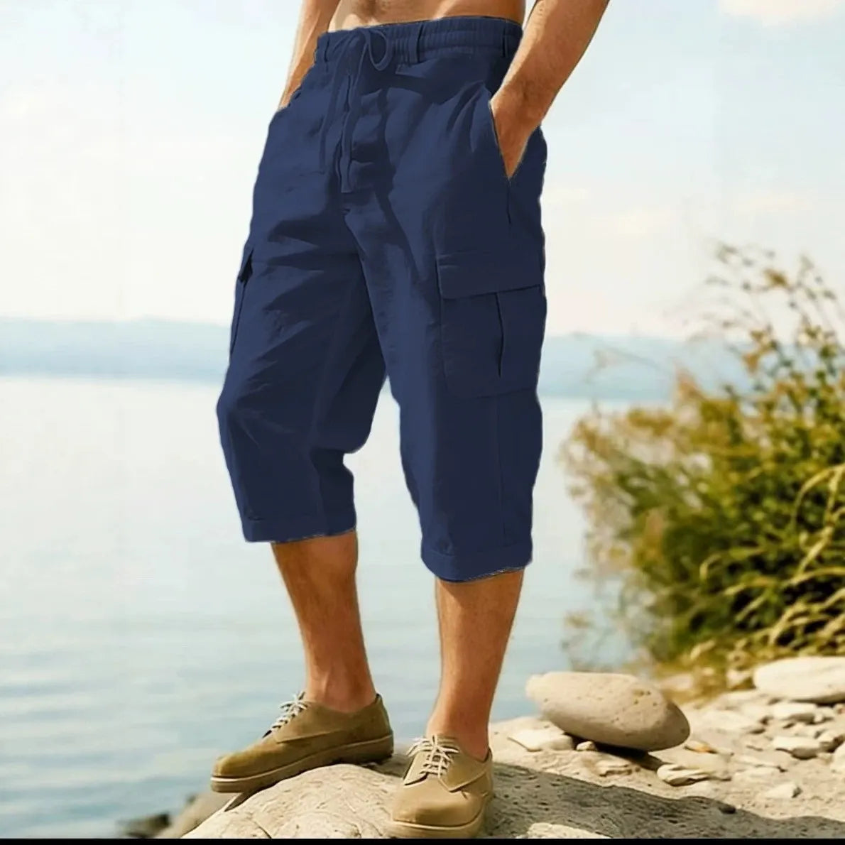 Men's Linen Cargo Pants Drawstring Multi-Pocket Straight Leg Breathable Outdoor Beach Classic Casual Pants