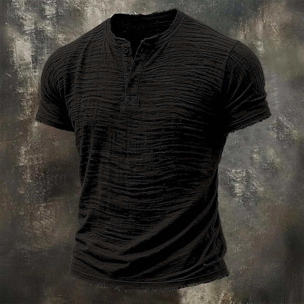 Men's Linen Short Sleeve Henley Summer Spring Solid Color Textured T-Shirt