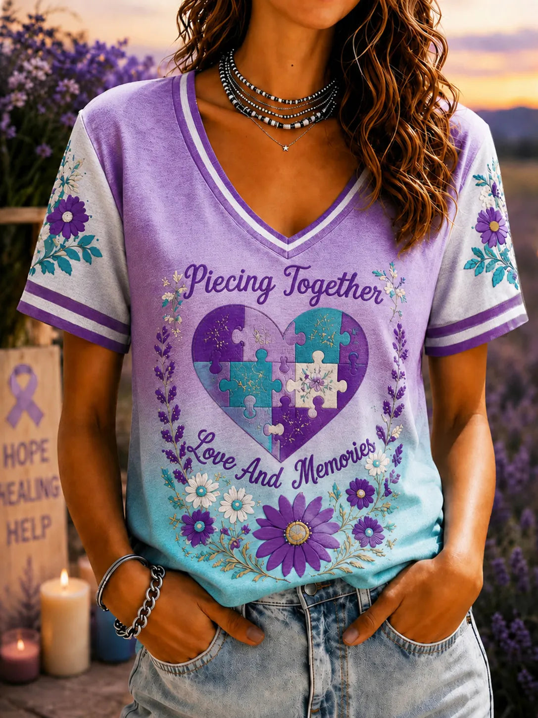Women's Memory Quilt Art Pattern Alzheimer Awareness T-shirt