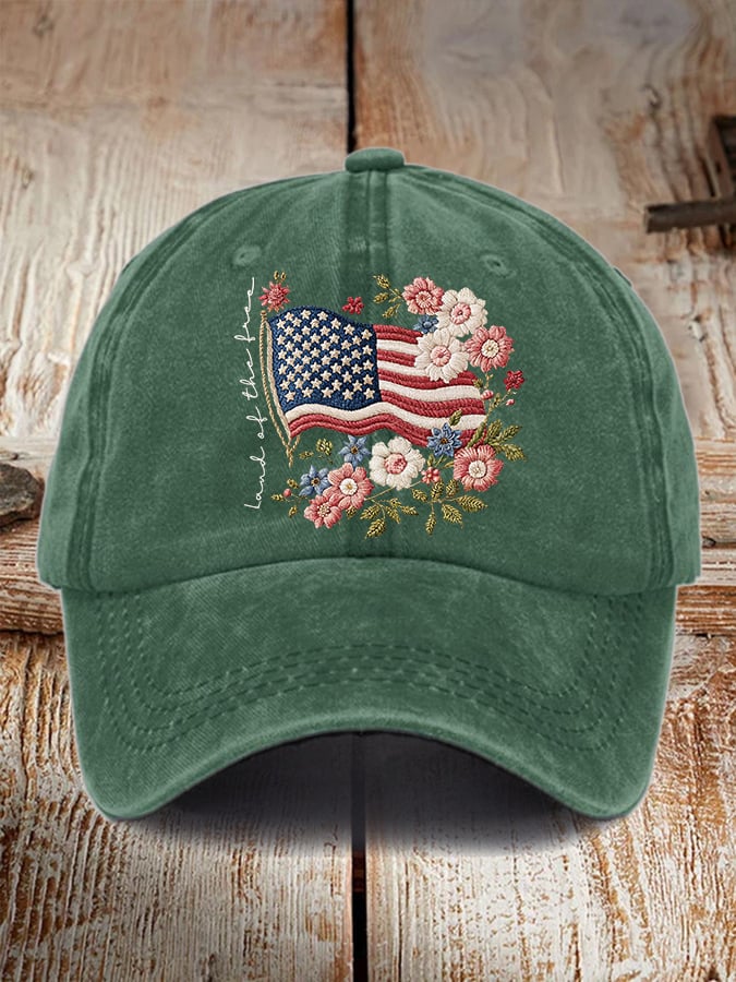 Retro Independence Day Flowers Land Of The Free Print Baseball Cap