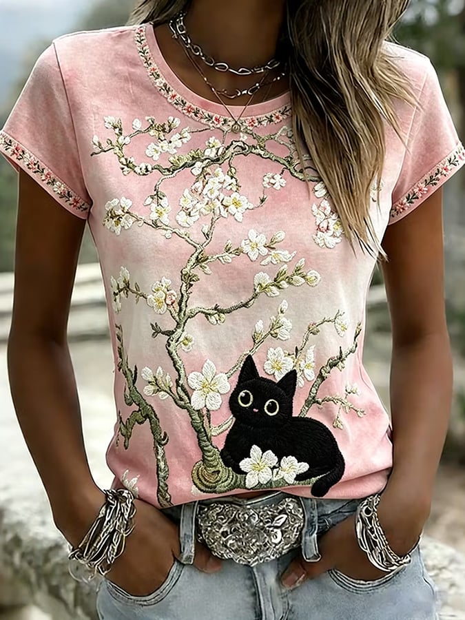 Women's Pink Casual T-Shirt with Cute Cat Animal Print