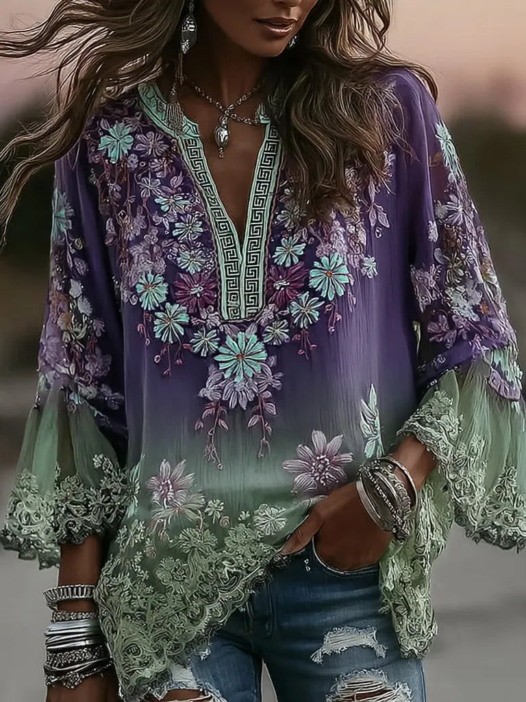 Women's Vintage Boho Floral Gradient Art Print Flowy Linen Blend Casual Shirts