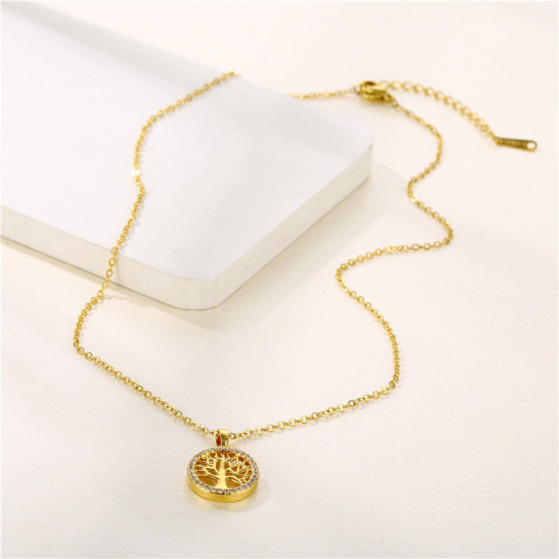 Round Hollow Tree of Life Pendant Necklace Geometric Clavicle Chain
