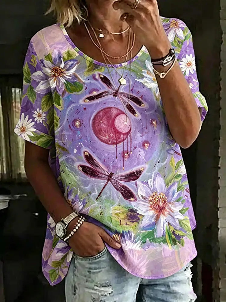Vintage Dragonfly And Floral Art Oil Painting Texture Casual Crew Neck Short Sleeve Top