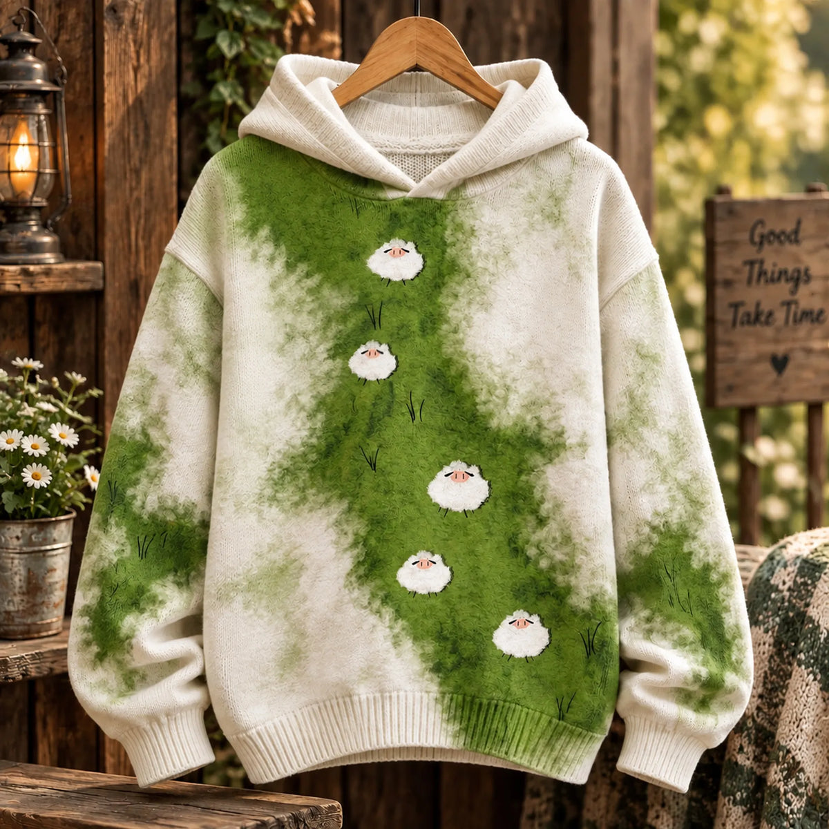 Women's Vintage Watercolor Green Tie Dye Cute Sheep Grassland Print Sweater