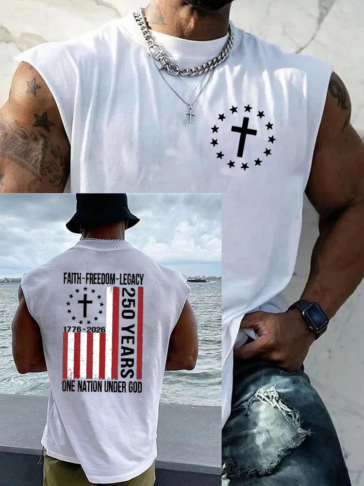 Faith Freedom Legacy One Nation Under God Pattern Round Neck 100% Cotton Tank Top