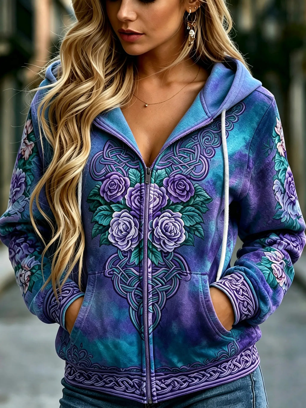 Women's Vintage Viking Celtic Knot And Rose Print Comfortable Warm Zip-up Hoodie