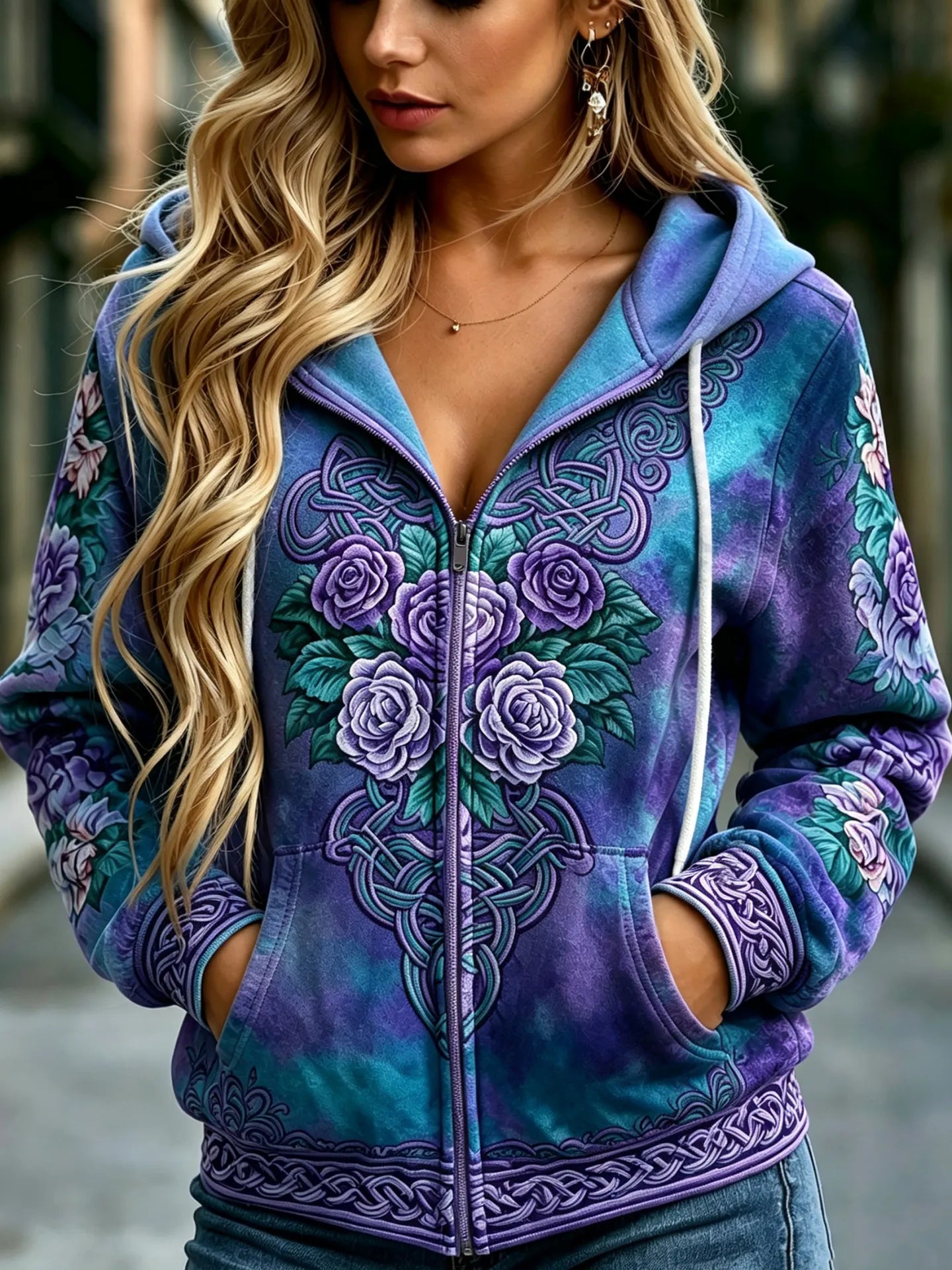Women's Vintage Viking Celtic Knot And Rose Print Comfortable Warm Zip-up Hoodie