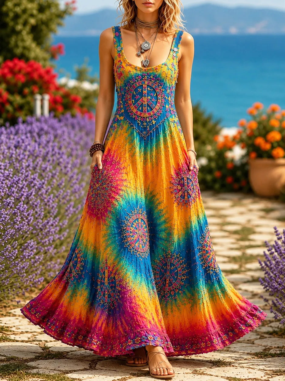Women's Hippie Peace Sign Tie Dye Sleeveless Dress